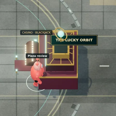 The Lucky Orbit, a maroon-and-gold casino with a lit marquee, at the east of the ring