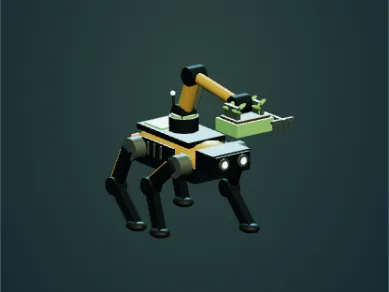 A four-legged equipment rig fitted with a seedling tray and cultivation rake