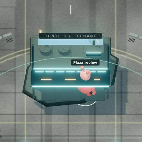 The Frontier Exchange, a long building lit in cyan, at the north of the ring