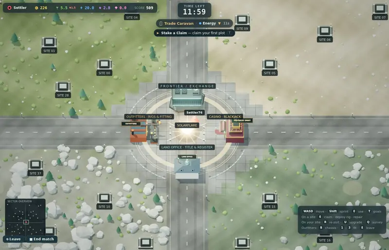 A solar flare bursting white in the middle of the town circle, rays spreading across the map