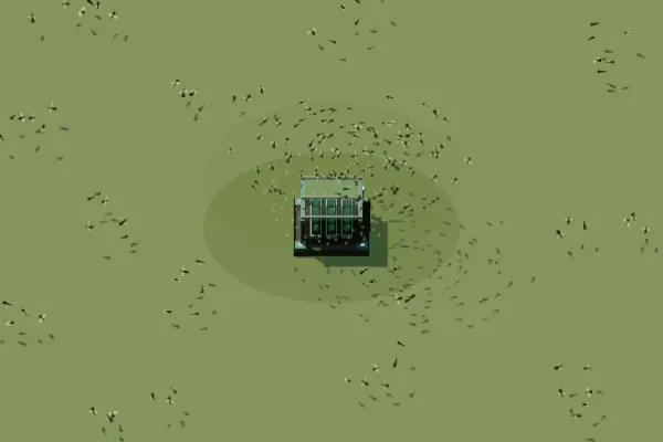 Locust drifts gathering in a dark cloud over a single farm rig in a green field