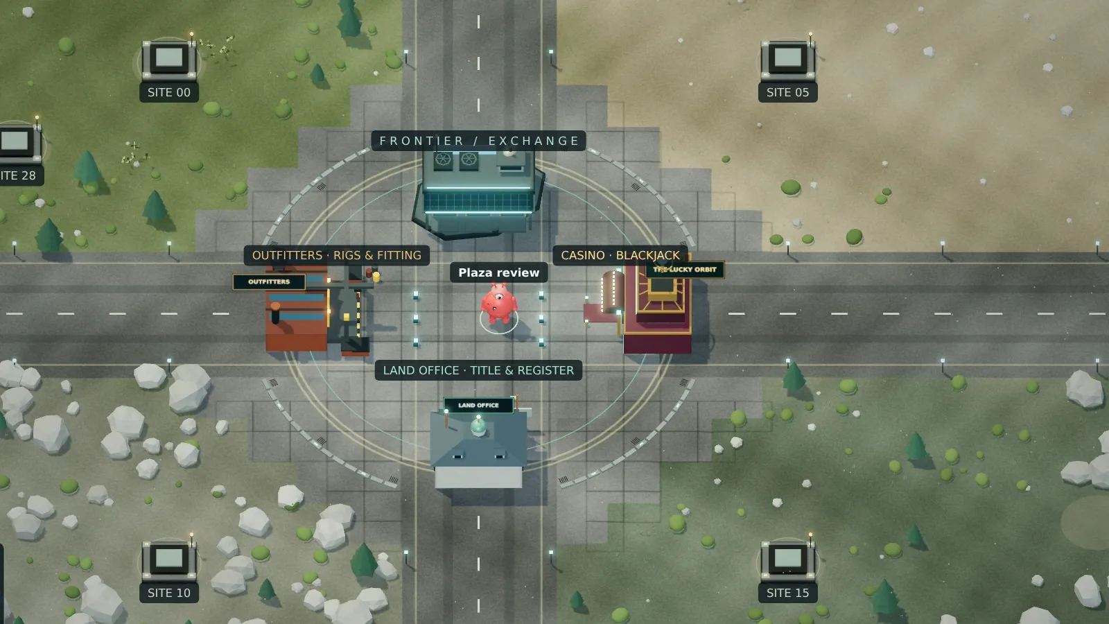 Overhead view of the colony town circle in the current build: the Frontier Exchange to the north, the Outfitters west, The Lucky Orbit casino east, the Land Office south, with numbered claim sites in the fields around the ring