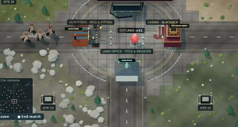 Outlaws riding in along the west road toward the town circle under a red pennant, an Outlaw Raid banner on the HUD