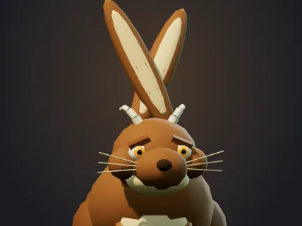 The Wumpus: a scowling jackalope with tall ears, small horns and tusks